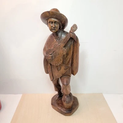 Hand Carved Wood Musician Statue Folk Art Guitar Player Figurine Unique Decor - Image 1 of 4