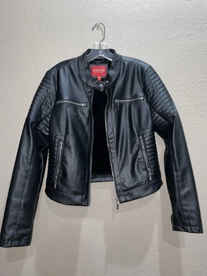 Chaqueta de moto GUESS para mujer de cuero sintético negra mangas acolchadas forrada de felpa talla L Foto 1 de 4