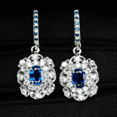 精美皇家蓝色蓝宝石 2.40 克拉 925 纯银白金耳环 — 第 1/4 张图片