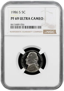 1986 S Proof Jefferson Nickel graded by NGC PF 69 ULTRA CAMEO - Bild 1 von 2