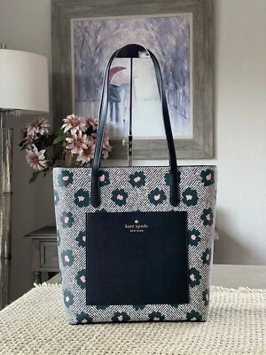 Bolsa tote de ombro Kate Spade com zíper bolso espinha de peixe floral pavão safira - Imagem 1 de 4