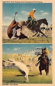 Postal: Cowboys Jiggs Burk Steer Roping, Buck Goodspeed Calf Roping, lino - Imagen 1 de 2