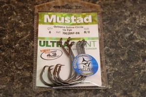 Paquete de 6 ganchos de círculo de espacio ancho en línea Mustad 39928NP-BN talla 8/0 pulpo - Imagen 1 de 2