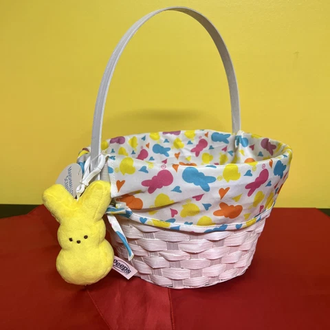 Peeps Woven white Easter Basket with removable liner and a Yellow Peep Keychain Cover