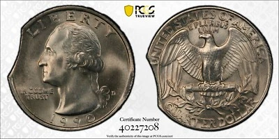 ER033 1990-D 25C Washington Quarter Dollar - Curved Clip - PCGS MS66. Mint Error - Image 1 of 4