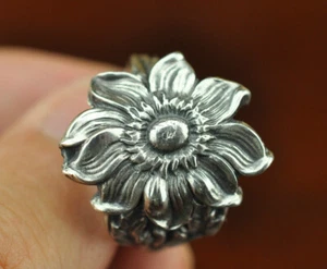 Solid 925 Sterling Silver Large Daisy Flower Floral Adjustable Spoon Ring - Picture 1 of 8