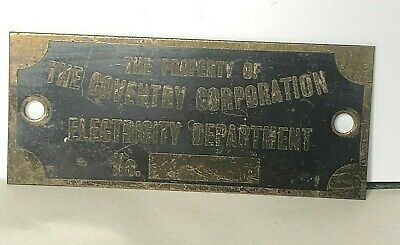 Antique Coventry Corporation Electricity Department Small Plaque Brass 9 X3.6cm • 33.18£