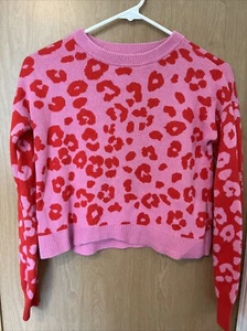 Girls Gap Kids Fuzzy Leopard Print Sweater- XL- Pink Red Long Sleeve - Picture 1 of 5