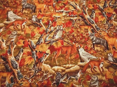Quilt Fabric By Half-Yard Forest Animals Deer Fox Wolf Trees Premium Cotton #PC - Image 1 of 2