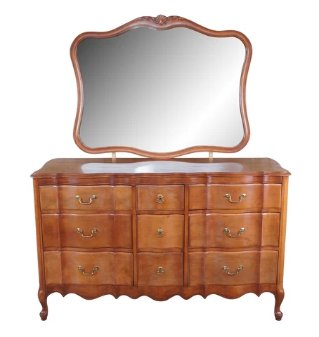 French Provincial Mahogany Serpentine Dresser Chest of Drawers w Vanity Mirror Cover