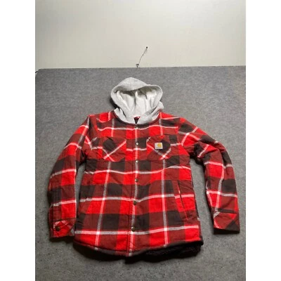 Carhartt Flannel Shirt Jacket Quilted Lined Hooded Plaid Red Brown Kids M - Image 1 of 4