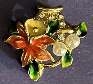 Enamel Floral Brooch Pin on Gold Tone Metal with Faux Pearls & Rhinestones - Picture 1 of 4