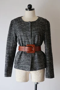 J Jill Gray Black Wool Blend Boucle Collarless Crop Boxy Classic Jacket Women M - Picture 1 of 23