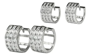 Orecchini Huggie Argento Sterling 925 Cubic Zirconia 3Line Canali Set - Foto 1 di 4