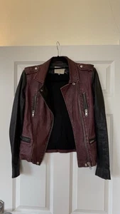 Iro Burgundy Black Lambskin 100% Leather Biker Jacket Size 0 UK 6 8 - Picture 1 of 19