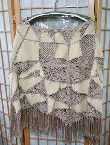 Suede Essentials Poncho OSFA Leather Patchwork Crochet Fringe Boho Cape - Picture 1 of 8