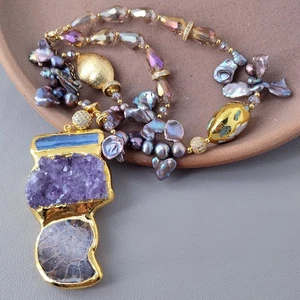 Real Black Keshi Pearl Choker Kyanite 38x78mm Amethyst Druzy Pendant Necklace - Picture 1 of 8