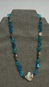 Vtg Artisan Made Blue Glass Beadedc& Silver Fish Charm Choker Necklace 18" - Picture 1 of 7