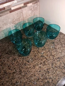 Set of 6 Vintage Teal/Turquoise Blue Hand Blown Stemless Wine Glasses - Picture 1 of 6