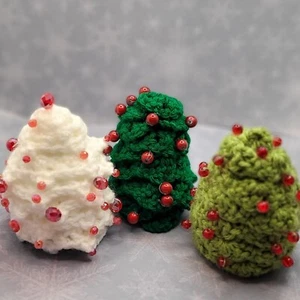 Beaded Christmas Tree Decorations - Set of 3 - Palm Size- Red Beads - Imagen 1 de 8