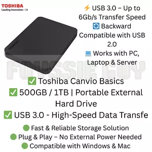 Toshiba 500GB 1TB External Hard Drive Portable Canvio Ready SuperSpeed USB 3.0. - Picture 1 of 8