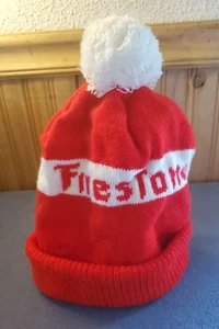 Vintage FIRESTONE Pom Beanie Cuffed Knit Winter Hat Ski Cap Red White Blue - Picture 1 of 7