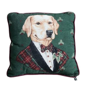 Vtg Tapestry Dog Throw Pillow Christmas Labrador Retriever 15x15 Grannycore - Picture 1 of 15