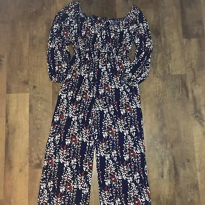 Women's Casual Loose Blue Floral Jumpsuit Long Sleeve Wide Leg With Pockets XL - Image 1 of 4