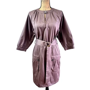 ESCADA SPORT Brown Belted 3/4 Puff Sleeves 100% Cotton Dress With Pockets SZ S - Picture 1 of 21
