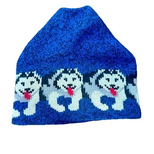 Vintage 90's Husky Dog Beanie Wool Blend Knit Winter Hat Blue - Picture 1 of 4