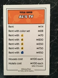 Monopoly TOY STORY  AL'S TV Title Deed Card Replacement Game Piece 2018 - Picture 1 of 4