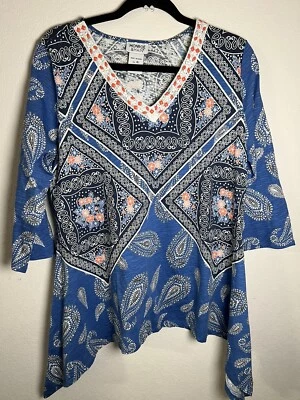 Blusa túnica Monroe & Main XL para mujer lado largo azul coral cachemira floral 3/4 Foto 1 de 4