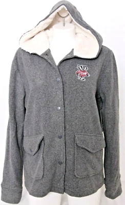 NEW Wisconsin UW Badgers Gray Fleece Hoodie Sweatshirt Shearling Jacket Womens M - Image 1 of 4