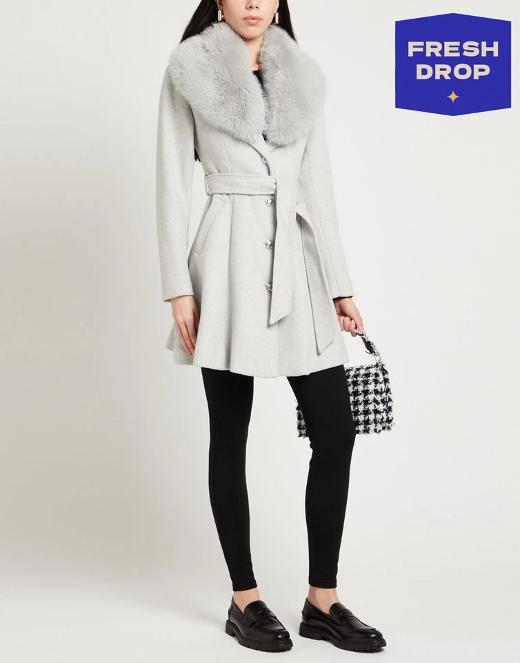 RRP€240 GUESS Coat Size M Grey Belted Faux Fur Trim Collared - Image 1 of 4