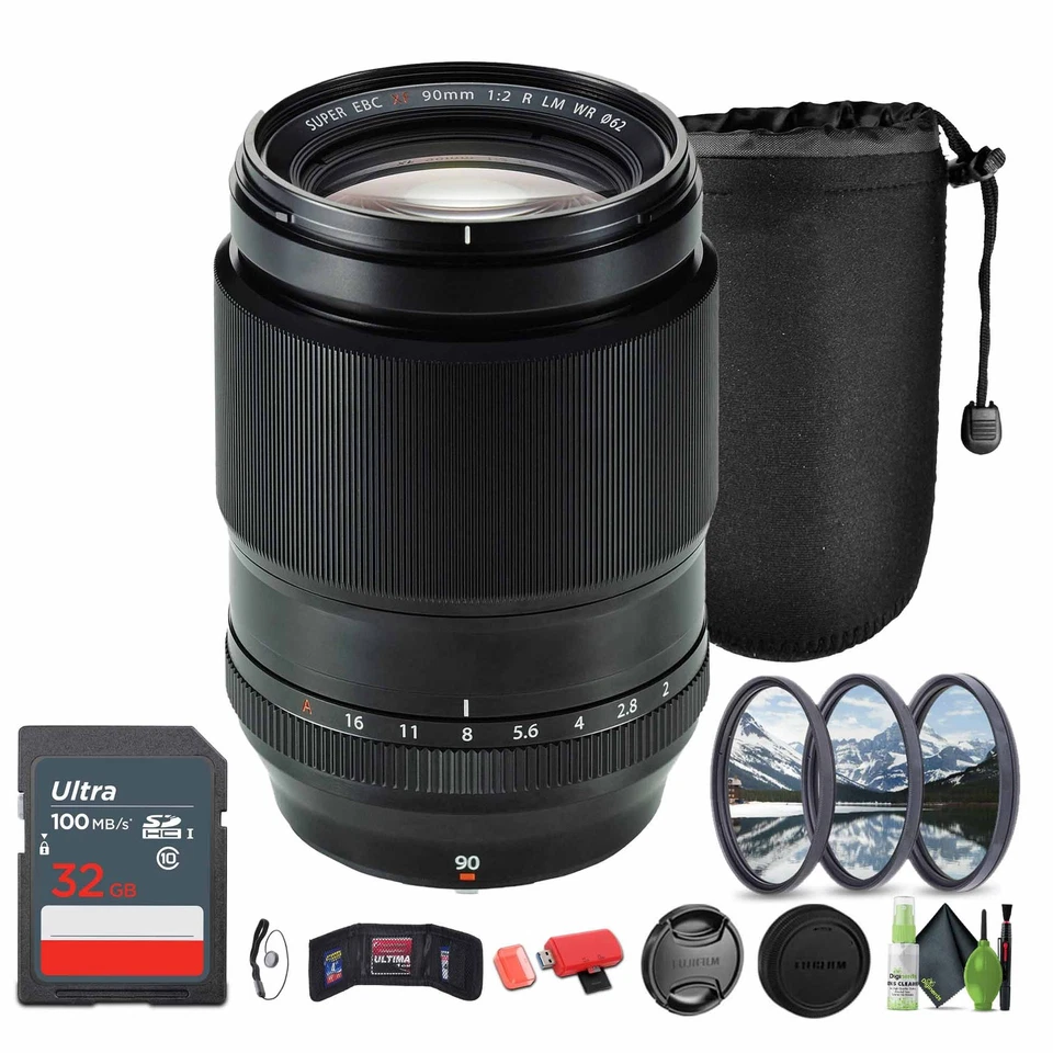 Lente FUJIFILM XF 90 mm f/2 R LM WR, bolsa para lentes, tarjeta de memoria de 32 GB, paquete Foto 1 de 4