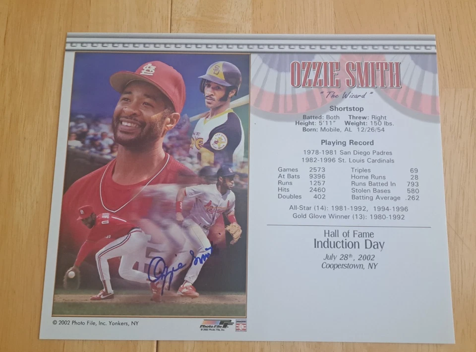 OZZIE SMITH SIGNED AUTOGRAPHED 8X10 HALL OF FAME INDUCTION DAY CARD CARDINALS - Image 1 of 1