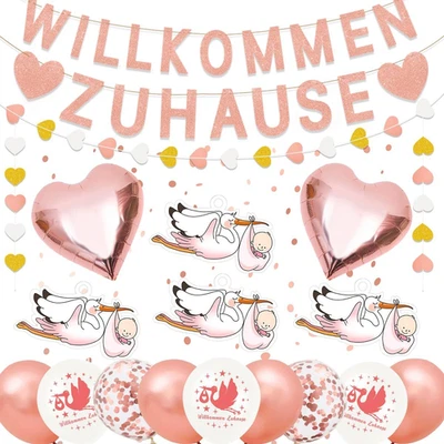 Baby Mädchen Storch Deko Set 6-teilig Außen Willkommen Baby - Bild 1 von 4