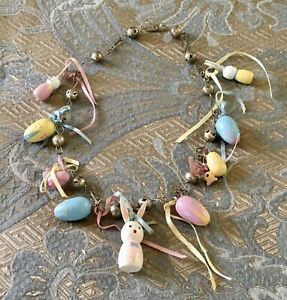 VTG Folk Art Easter Necklace - Wood Eggs Bunny Ducks Brass Bells Ribbons - 24"