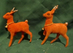 2 Vtg Red flocked Xmas Reindee original bell, chain & silver glitter JAPAN - Picture 1 of 10