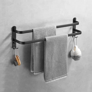 Double Towel Rail Holder Wall Mounted Bathroom Rack Shelf With Hooks 60cm Black - Picture 1 of 13