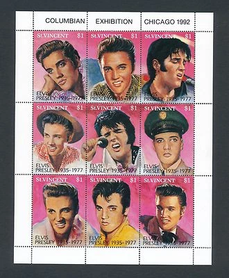 Elvis (1992) **Hoja de sello en miniatura de San Vicente de (9) con carpeta original** Foto 1 de 2