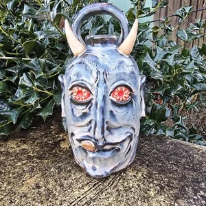 Handmade Clay Folk Art Pottery Devil Face Jug by Savannah Craven | 11.5" x 6" - Picture 1 of 7