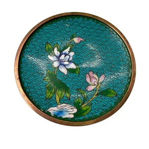 Cloisonne Inlay Chinese Trinket Center Flower Turquoise 4'' Dish - Picture 1 of 5