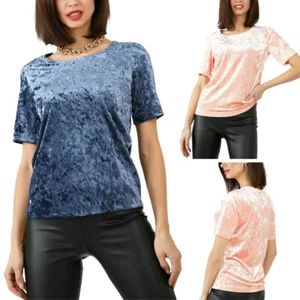 BRAVE SOUL Womens Plain T Shirts Regular Fit Short Sleeve Party Velvet T Shirt - Picture 1 of 14
