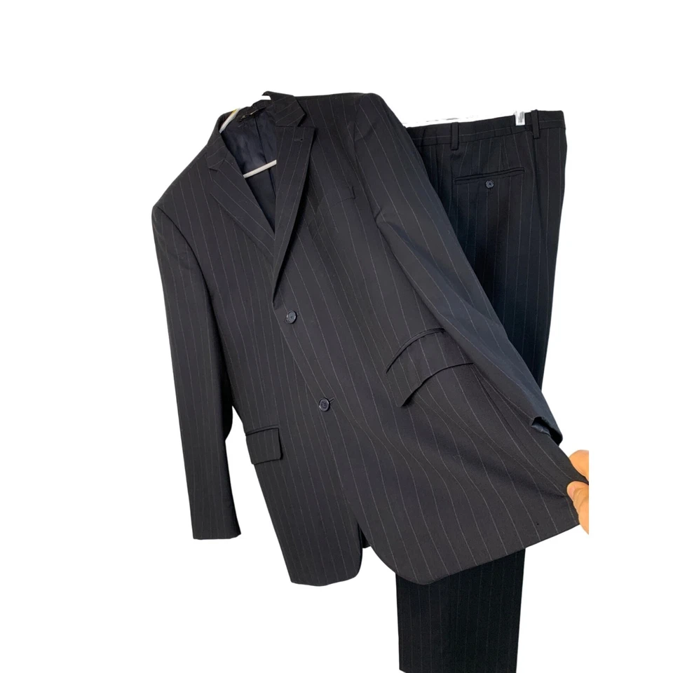 Костюм шерстяной мужской итальянский в тонкую полоску Zanetti размер 44L темно-синий б/у в отличном состоянии сделано в Италии 7258 - Изображение 1 из 4