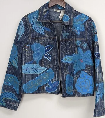 Chicos Design Lined Denim Jacket Embroidered Artsy Boho Embellished size 0 S - Image 1 of 4