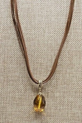 A27) Lia Sophia Amber Color & Gold-tone Pendant w/ Brown Cord Necklace - Image 1 of 4