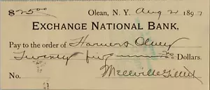 1897 Exchange National Bank Check $25 -Olean, New York - Picture 1 of 2