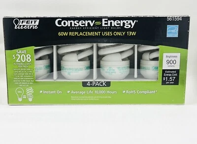 NIB Feit Electric CFL 60W Light Bulbs Only Uses 13 Watts, 900 Lumens. New. - Image 1 of 4