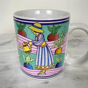 Vtg 80s CAT GARDENING Mug Orange Tabby Mary Engelbreit Style Cottagecore Gift - Picture 1 of 13